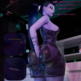 2girls 3d 3d_(artwork) anal_vore ass ass_focus asscheeks between_ass between_buttocks blender butt_digging caption captioned digging digging_up_in_they_ass dress dress_inside_ass female giantess huge_ass image micro_female overwatch overwatch_2 shrinking simsalabime tracer unaware vore widowmaker