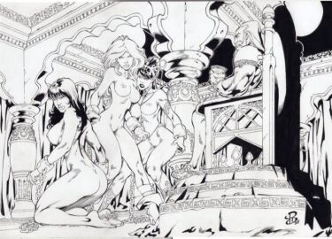 ass breasts female greyscale high_heels long_hair monochrome multiple_females multiple_girls nipples nude