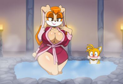 1boy1girl ai_generated bathrobe blush duo hot_spring huge_breasts male/female miles_prower novelai seductive smile sonic_(series) sonic_the_hedgehog_(series) tails_the_fox vanilla_the_rabbit
