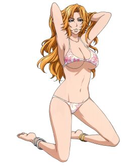 1girls beauty_mark big_breasts bikini bleach bleach:_brave_souls blue_eyes breasts female female_only full_body highres kubo_tite large_breasts long_hair matsumoto_rangiku mole_under_mouth navel official_art on_knees orange_hair pose posing scan simple_background solo stomach