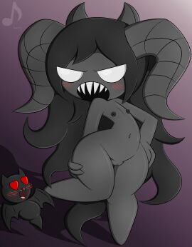 1girls ambiguous_gender black_skin blush dark-skinned_female dark_skin demon demon_girl demon_horns embarrassed embarrassed_nude_female female flat_chest heart_eyes horns long_hair nipples nude pussy sharp_teeth shiny_skin solo_focus the_binding_of_isaac the_siren_(the_binding_of_isaac) wide_hips zinzoa