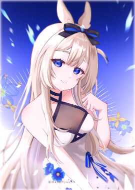 1girls bangs bare_shoulders black_choker blonde_hair blue_eyes blue_ribbon blue_sky blurry blush bow breasts bunny_ears bunny_girl choker closed_mouth collarbone criss-cross_halter depth_of_field dress eyebrows_visible_through_hair female flower hair_between_eyes hair_bow halterneck hand_up long_hair looking_at_viewer medium_breasts night night_sky ribbon sky smile solo star_(sky) starry_sky striped very_long_hair virtual_youtuber vyugen white_dress yenko