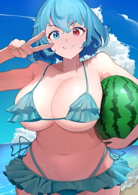 1girls beach big_breasts bikini blue_eyes blue_hair breasts clouds detailed_background female fruit heterochromia kogasa_tatara light-skinned_female light_skin peace_sign red_eyes sand short_skirt sky solo solo_female thick_thighs thighs thong touhou underboob urizaku3 water watermelon wet