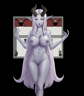 areola areolae ass ass_grab big_ass big_breasts breasts curvaceous curvy curvy_female curvy_figure demon demon_girl demon_horns female grey_skin huge_ass huge_breasts kingdom_of_subversion large_breasts lips lipstick long_ears long_hair makeup navel nipples nude nude_female purple_lips purple_lipstick queen queen_selvana_(kingdom_of_subversion) red_eyes rpg_maker screencap screenshot silver_hair size_difference standing tall_female taller_female thick_thighs thighs very_long_hair voluptuous voluptuous_female white_hair