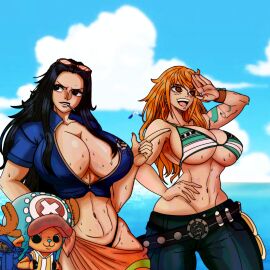 1boy 1girls 2girls arm_tattoo bare_shoulders big_breasts bikini black-haired_female black_hair blue_eyes blue_tattoo blush bra breasts color female furry hat hi_res inner_sideboob jeans large_breasts light-skinned_female light_skin long_hair male male/female master_dcj nami_(one_piece) nico_robin one_piece orange-haired_female orange_eyes orange_hair post-timeskip sarong shounen_jump striped_bikini sunglasses sunglasses_on_head sweat tagme tattoo thick_thighs tony_tony_chopper