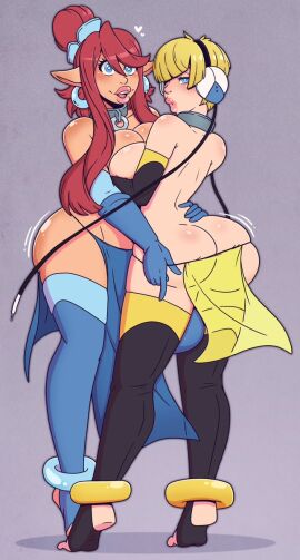2girls alternate_ass_size alternate_breast_size arms_around_partner arms_around_waist back bangs bimbo bimbo_lips blonde-haired_female blonde_female blonde_hair blue_eyes blush breast_press breasts collar ear earrings elesa_(pokemon) elesa_(pokemon_bw) embrace exposed_heels eyelashes feet female female_only functionally_nude functionally_nude_female game_freak gloves grey_background hair_tie hand_on_waist headgear headphones headwear heels hips human hypnosis large_breasts leggings legs lesbian_couple light-skinned_female light_skin lips loincloth looking_at_viewer looking_back love_heart nintendo pale-skinned_female pale_skin pointy_ears pokemon pokemon_bw red-haired_female red_hair short_hair sideboob skirt skyla_(pokemon) smile smiling smiling_at_viewer standing stirrup_legwear stirrup_thighhighs string tan_skin tan_skinned_female thick_thighs thighs toes translucent translucent_clothing wide_hips wires wrenzephyr2 yuri