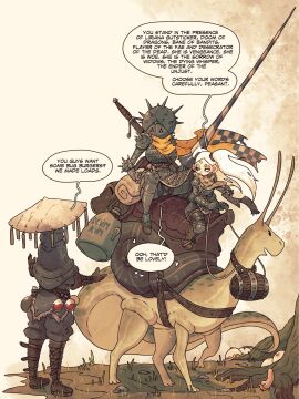 2024 3:4 ambiguous_gender antennae_(anatomy) armor barrel big_breasts boots breasts brown_boots brown_clothing brown_footwear brown_gloves brown_handwear clothed clothed_female clothing collar dialogue dwarf english_text female feral footwear gastropod gastropod_shell gloves group hair handwear heart_symbol hi_res human jack_cayless knight lance mammal melee_weapon mollusk mollusk_shell phallic_plant polearm quadruped rapscallion riding saddle scarf shell shoes slug speech_bubble sword sword_on_back tail text waddledog warrior weapon wearing_hat wearing_helmet white_hair