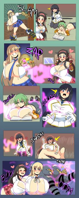 4girls ass ass_expansion ayame_(senran_kagura) bangs big_breasts black_hair blonde_female blonde_hair blush book breast_expansion breast_growth breast_growth_(enlargement) breasts brown_hair colored comic door_slam emotionless excited female female_only gauntlet green_hair hairband happy heart herretik hikage_(senran_kagura) hime_cut ikaruga_(senran_kagura) katsuragi_(senran_kagura) long_hair magic reading reading_book senran_kagura short_hair shrinking shrunken_female sword tagme yuri