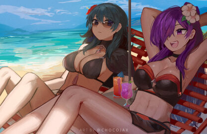 2girls :d alternate_costume armpits arms_up artist_name bare_shoulders bikini black_bikini black_swimsuit blue_sky breasts byleth_(fire_emblem) byleth_(fire_emblem)_(female) chocojax cleavage cloud day female female_only fire_emblem fire_emblem:_three_houses fire_emblem_heroes fire_emblem_warriors:_three_hopes flower hair_flower hair_ornament highres large_breasts multiple_females multiple_girls navel nintendo ocean official_alternate_costume purple_hair red_flower shez_(fire_emblem) shez_(fire_emblem)_(female) sky smile stomach sunglasses swimsuit teal_hair thighs tinted_eyewear watermark white_flower