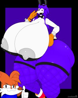 1boy 1girls anthro big_nipples bigger_female bowtie breasts bunnysuit female female_anthro gloves hedgehog hedgehog_girl huge_breasts looking_at_viewer luther_(needlemouse) male male_anthro needlemouse_(character) needlemouse_(series) nipples orange_gloves sarah_henderson_(needlemouse) shoes smaller_male smile smiling smiling_at_viewer stemingbunbun thumb_up white_gloves