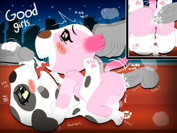 anal anal_sex animal_crossing anthro anus ass bodily_fluids canid canine canis cookie_(animal_crossing) cum cum_in_ass cum_inside dalmatian domestic_dog ear_pull female female/female gaping gaping_anus genital_fluids handjob heart-shaped_pupils hi_res making_out male male/female mammal moan night nintendo oral penetration penile penis portia_(animal_crossing) pussy sex tribadism vaginal_penetration weirdkoaladream