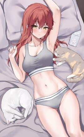 1girls absurd_res absurdres arm_above_head arm_up armpits bare_armpits bare_arms bare_belly bare_chest bare_hands bare_hips bare_legs bare_midriff bare_navel bare_shoulders bare_skin bare_thighs bare_torso bed bed_sheet belly belly_bulge belly_button blush blush_lines blushing_at_viewer blushing_female bra breasts cleavage cleft_of_venus collarbone dot_nose elbows exposed exposed_armpits exposed_arms exposed_belly exposed_legs exposed_midriff exposed_shoulders exposed_thighs feline female female_focus female_only fingernails fingers grey_bra grey_panties grey_topwear grey_underwear groin hair_between_eyes half_naked hand_above_head hand_up head_tilt hick_thighs high_resolution highres hourglass_figure kaetzchen knee_up knees leg_up legs light-skinned_female light_skin liliya_(kaetzchen) long_hair looking_at_viewer medium_breasts mole mole_on_breast naked naked_female navel nude nude_female original original_art original_artwork original_character panties pillow pussy red-haired_female red_hair shoulders slender_body slender_waist slim_female slim_waist solo sports_bra sports_panties thigh_gap thighs thin_waist tilted_head topwear underwear upper_body v-line white_bed_sheet white_pillow wide_hips yellow-eyed_female yellow_eyes