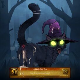 a_cat_is_fine_too after_sex anus blizzard_entertainment bodily_fluids clothing cum cum_in_pussy cum_inside cum_on_hat cum_on_leg domestic_cat felid feline feline_familiar felis female feral feral_only forest forest_background genital_fluids glowing glowing_eyes halloween hat headgear headwear holidays leaking_cum mammal meme nature nature_background open_mouth plant pussy raised_tail shaking solo solo_focus tail tongue tongue_out tree trembling warcraft whiskers witch_hat yaldabroth