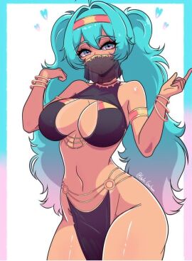 1girls 2025 5_fingers belly_dancer belly_dancer_outfit big_breasts black_bra black_clothing black_loincloth blue_hair boob_window bracelet bracelets brazilian_miku breasts cleavage curvy curvy_female cyan_hair female gato_gratam harem_outfit hatsune_miku human instagram_link loincloth long_hair looking_at_viewer mask o-ring shiny_skin solo tan-skinned_female tan_body tan_skin tanned tanned_female tanned_skin tiara turquoise_hair twintails vocaloid