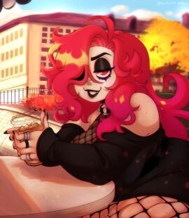 2d big_breasts big_thighs black_eyeshadow black_lipstick black_nails breasts coffee collar female fishnets red_hair red_head toon_michaela toxicsoul77