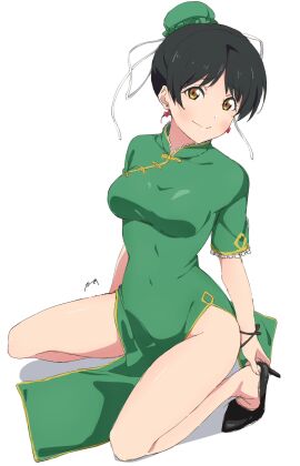 bare_arms bare_legs bare_thighs black_hair blush breasts bun_cover china_dress chinese_clothes closed_mouth earrings female green_dress hazuki_ren high_heels love_live! love_live!_superstar!! medium_breasts nagi_mkrnpn pelvic_curtain short_hair short_sleeves smile thighs yellow_eyes