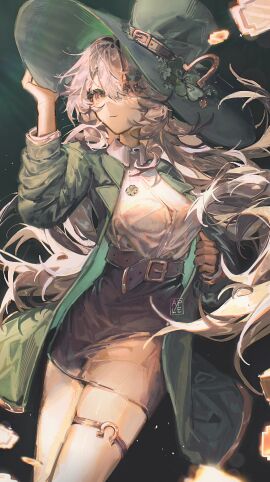 absurdres belt breasts brown_belt brown_eyes clover clover_brooch coat coin dress female four-leaf_clover gold_coin green_coat grey_hair hair_ornament hand_on_headwear hat hat_belt highres legs legs_apart leprechaun light_rays long_hair looking_at_viewer magnet medium_breasts non-web_source open_clothes open_coat pencil_skirt saint_patrick's_day shadow shirt skirt solo standing sunlight trench_coat white_shirt