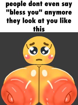 black_background breasts breasts_bigger_than_head breasts_out caption cleavage emoji emoji_(race) female huge_breasts looking_at_viewer meme meme_caption meme_reference nipples pleading pleading_eyes shiny_breasts shitpost tagme what yellow_body zeraniumz