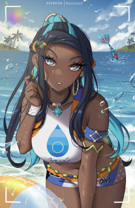 black_hair blue_eyes blush breasts clenched_teeth dark-skinned_female dark_skin ear_piercing earrings female female_only hoop_earrings jewelry long_hair looking_at_viewer medium_breasts multicolored_hair necklace nessa_(pokemon) pokemon ryuuneart short_hair solo_focus thick_thighs thighs two-tone_hair uncensored wide_hips