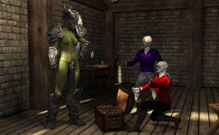 1girls 2boys 3d battlewhore dark-skinned_male dark_skin drow female green_skin helmet loincloth male orc orc_female original