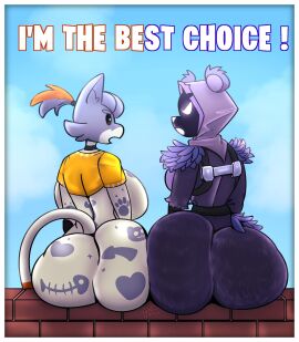 2girls anthro ass bear bubble_ass bubble_butt cate_meowdy_(fortnite) english_text felid feline felis female fortnite fortnite:_battle_royale lewdabis mammal raven_team_leader raven_team_leader_(fortnite) thick_ass thick_thighs twitter_username