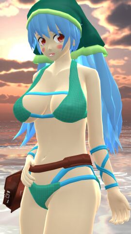 1girls 2023 3d armwear bikini blue-haired_female blush breasts clavicle clouds deity female god hati_yukkuri_mmd headdress keiki_haniyasushin light-skinned_female light_skin long-haired_female mmd one_arm_up outdoors pack red_eyes sea sky solo_female solo_focus sunset swimsuit touhou waist water wily_beast_and_weakest_creature
