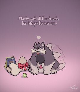 ball_(object) balls bone canid canine canis claws clothed clothing dipstick_tail english_description english_text fangs feral fur genitals grey_body grey_fur male mammal markings marty_(toby_art) paws penis quadruped solo tail tail_markings tail_motion tailwag teeth tennis_ball text toby_art tongue tongue_out wolf