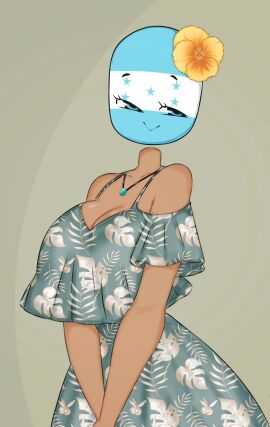 1girls big_breasts breasts countryhumans countryhumans_girl crossed_arms female flawsy flower_in_hair grey_dress honduras_(countryhumans) latina necklace suggestive_look