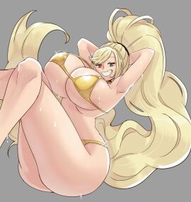 1girls alternate_breast_size big_breasts bikini breasts female female_focus female_only golden_bikini golden_week hilda_(under_night_in-birth) huge_breasts large_breasts looking_at_viewer ponytail smile sweat sweating under_night_in-birth wanderjegson