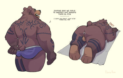 absurd_res after_sex anthro anus arm_tattoo ass ass_up back_tattoo balls bear belly big_ass big_butt bodily_fluids breath brown_body brown_fur clothing cum cum_in_ass cum_inside facial_hair facial_piercing fur gaping gaping_anus genital_fluids genitals hi_res kneeling leg_tattoo male male/male mammal nude on_ground overweight overweight_male patadeperro paws piercing presenting shaking short_tail simple_background slightly_chubby slightly_chubby_male smile smirk solo speech_bubble sweat tail tattoo trembling underwear ursine