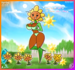 2d 2d_(artwork) agonywelds angelsagony anthro ass bra breasts dark_skin female flower holding_breast looking_at_viewer panties plant plant_girl plantie plants_vs_zombies pvz striped_panties sun sunflower sunflower_(pvz) tagme talking_to_viewer teasing text thick_ass thick_thighs thighs underwear wide_hips