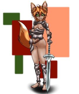 areolae armor armored_female art3onyx axe barefoot breasts dark_skin exhibitionism exposed_ass exposed_breasts exposed_nipples exposed_pussy female fox fox_ears fox_girl fox_tail green_eyes hairy_pussy long_nails mergo_(art3onyx) orange_hair pussy small_breasts sword useless_armor useless_clothes useless_clothing