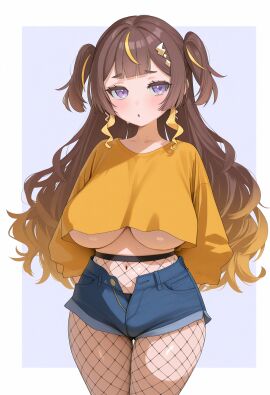 1girls ai_generated alternate_breast_size anya_melfissa belly belly_button black_panties blonde_hair blush brown_hair fishnet_legwear hololive hololive_indonesia huge_breasts long_hair navel no_bra purple_hair short_shorts thighs unbuttoned_pants unbuttoned_shorts underboob virtual_youtuber wide_hips yellow_shirt