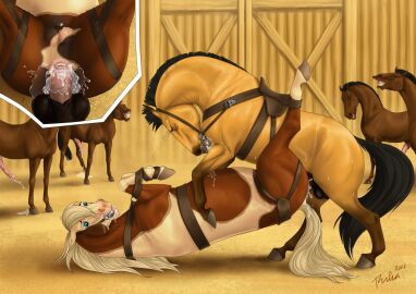 2018 animal_genitalia animal_penis ball_gag black_mane black_tail blue_eyes bodily_fluids bondage bound breasts brown_body closed_eyes crotchboobs cum cum_in_pussy cum_inside cum_on_ground cum_splatter cumshot dated drooling duo_focus ejaculation equid equine equine_genitalia equine_penis erection female female_penetrated feral feral_on_feral feral_penetrated feral_penetrating feral_penetrating_feral flared_penis gag gagged genital_fluids genitals group horse male male/female male_penetrating male_penetrating_female mammal mane penetration penis pink_penis pussy rufciu saddle saliva sex side_view signature tail tan_body white_body white_mane white_tail