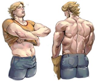 1boy back_muscles bara blonde-haired_male blonde_hair curly_(mouthwashing) happy_trail looking_at_viewer male male_only mouthwashing muscles muscular muscular_male orbuz228 taking_clothes_off taking_shirt_off yaoi