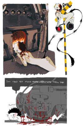 1boy black_eyes black_tail blood_from_mouth body_fur crushed death ember_(jejejunum) fire furnace guro highres jejejunum locomotive lying male mechanophilia monster_boy on_stomach original railroad_tracks rust suicide train white_fur