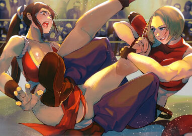 2girls blue_mary breasts catfight fatal_fury female highres large_breasts long_hair mai_shiranui multiple_females multiple_girls snk wrestling