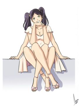 4_arms 4_legs accessworld bare_legs black_hair crossed_legs dress earrings female hand_on_chin light-skinned_female light_skin looking_at_viewer multi_arm multi_leg multi_limb sandals sitting smile yellow_eyes