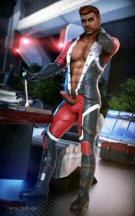 bioware erect_penis erection f0-star gil_brodie looking_at_viewer male male_focus male_only mass_effect mass_effect_andromeda mechanic orange_hair penis solo solo_focus solo_male tan-skinned_male tan_skin wrench