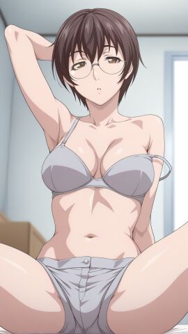 1girls alternate_costume arm_behind_head arm_up bangs bed bedroom bedroom_eyes bible_black bible_black_only big_breasts blush bra bra_strap bra_strap_slip breasts brown_eyes brown_hair clavicle cleavage clothing collarbone curvaceous curvy curvy_figure day eyewear facing_viewer female female_focus female_only glasses half-closed_eyes implied_sex indoors looking_at_viewer megane midriff morning navel nerdy nerdy_female nonogusa_miyuki off_shoulder one_arm_up parted_lips partially_clothed pixie_cut rimless_eyewear rimless_glasses sexually_suggestive short_hair short_shorts shorts sitting sitting_on_bed skimpy skimpy_clothes sleepwear sleepy solo spread_legs strap_slip suggestive suggestive_pose teen teenage_girl teenager topless topless_female underwear waking_up