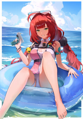 absurdres ahoge barefoot blue_sky braid breasts cloud eyewear_on_head feet female green_eyes highres holding holding_water_gun innertube long_hair looking_at_viewer medium_breasts official_alternate_costume one-piece_swimsuit pink_one-piece_swimsuit red_hair sky smile solo sunglasses swim_ring swimsuit thigh_strap toes tsubakuro31 twin_braids two-tone_one-piece_swimsuit ukinami_yuzuha ukinami_yuzuha_(tanuki_in_broad_daylight) very_long_hair water water_gun white_one-piece_swimsuit zenless_zone_zero