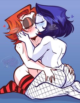 2girls angela_fox_(divanny_analitik) antikek blue_hair blush breasts digital_art female grabbing_ass kissing lesbian_kiss red_hair reupload sitting_on_lap stickman telegram toryreyh_agev white_body youtube yuri zhanna_sinichina_(divanny_analitik)