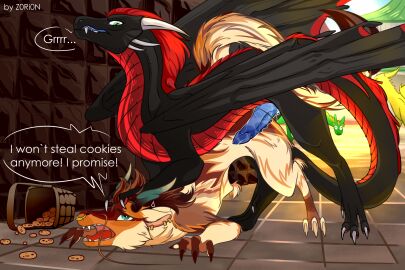 bodily_fluids comic cookie dominant dragon duo english_text erection feral floor food fur genital_fluids genitals hair hi_res horn inside male male/male mythological_creature mythological_scalie mythology nude open_mouth penetration penile penis scalie sex submissive tail text tile tile_floor tongue violence wings z0ri0n