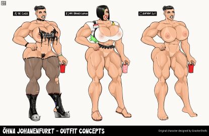 backpack black_hair black_lipstick blue_eyes feet female fit_female gnashershells goth muscular muscular_female nipple_piercing nipples nipples_visible_through_clothing oc ohna_johanenfurkt_(gnashershells) open_toe_shoes original_character outfit outfit_swap piercing pubes ripped_cloth thick thick_legs thick_thighs thong_sandals toes undercut