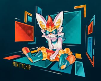 2025 abstract_background ambiguous_gender android animate_inanimate anthro big_ears blue_body cheek_tuft cinderace digital_drawing_(artwork) digital_media_(artwork) drone facial_tuft generation_8_pokemon glistening glistening_body glistening_latex hand_on_head hi_res krita_(artwork) lagomorph large_paws latex leporid living_clothing machine mammal mintychipart nintendo null_bulge paws pokemon pokemon_(species) rabbit red_body robot rubbermon shaded sitting sitting_on_ground solo spread_legs spreading tuft visor white_body white_paws yellow_body