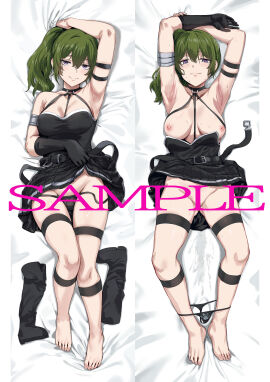 absurdres arm_strap armpits arms_up barefoot black_dress black_gloves black_panties boots censored censored_by_text choker commentary_request dakimakura_(medium) dress feet female full_body gloves green_hair hews_hack highres jitome looking_at_viewer lying no_panties o-ring o-ring_choker on_back on_bed panties panties_around_ankles panty_pull pleated_dress purple_eyes pussy pussy_juice_stain sample_watermark second-party_source side_ponytail single_glove smile sousou_no_frieren suspenders_hanging sweat thigh_strap thighs toes ubel_(sousou_no_frieren) underwear unworn_boots watermark