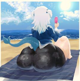 1girls ass beach big_ass bike_shorts bottom_heavy facing_away female gawr_gura hololive hololive_english hololive_myth huge_ass kyokeer popsicle shark_tail shortstack sitting tail virtual_youtuber white_hair