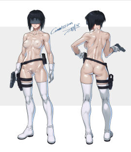 ass belt black_hair bodysuit boots breasts casual clothing commission cyborg female female_pubic_hair firearm footwear functionally_nude ghost_in_the_shell gloves gun handgun handwear head-mounted_display highres holding holding_gun holding_weapon holster human kusanagi_motoko medium_breasts multiple_views nipples pale_skin pubic_hair see-through see-through_bodysuit see-through_clothes shiny_clothes short_hair skeb_commission tactical_nudity takada_kazuhiro thigh_boots thigh_holster trigger_discipline weapon white_background white_footwear white_gloves