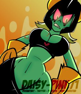 breasts daisy-pink71 disney disney_channel disney_xd fanart female green_skin looking_at_viewer looking_down lord_dominator red_eyes short_skirt thick_thighs underboob villainess wander_over_yonder