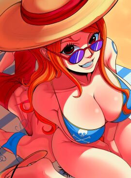 1boy 1girls arm_tattoo beach big_breasts bikini bikini_bottom_removed black-haired_male black_hair blue_tattoo bottomless breasts coolb cunnilingus curvy_female curvy_figure facesitting female glasses large_breasts legs male monkey_d_luffy nami_(one_piece) one_piece oral orange-haired_female orange_hair pubic_hair sitting sitting_on_face smile tattoo thick_thighs